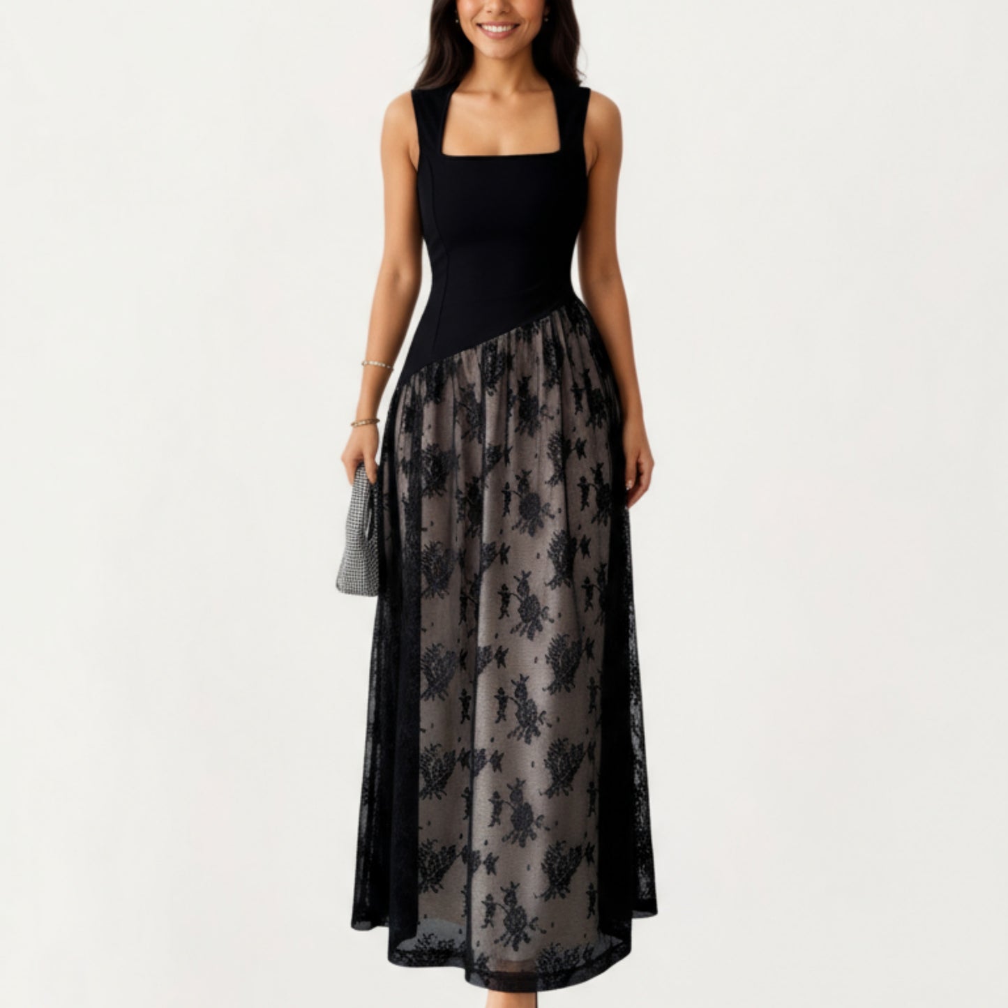 Sleeveless Maxi Dress with Fitted Square Neck Bodice, Asymmetrical Waist Seam, and Sheer Patterned Overlay Dress