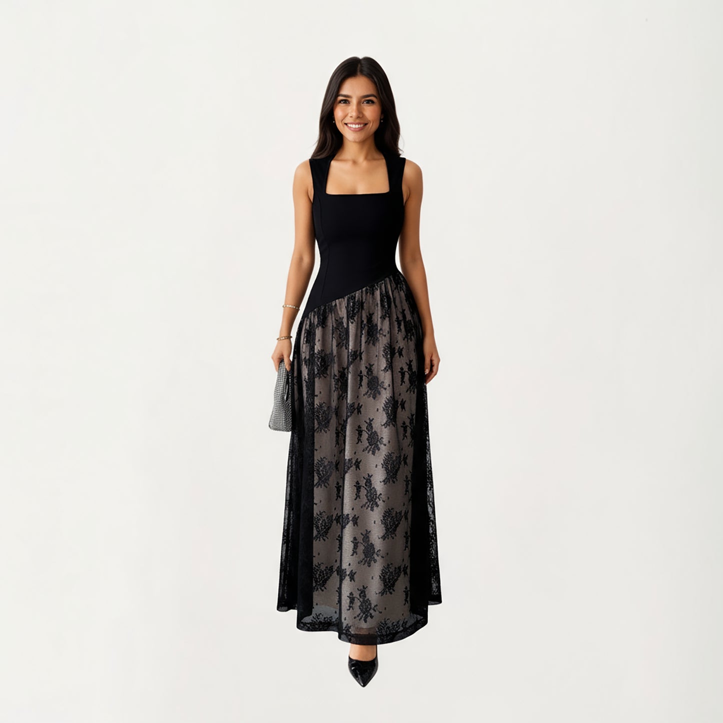 Sleeveless Maxi Dress with Fitted Square Neck Bodice, Asymmetrical Waist Seam, and Sheer Patterned Overlay Dress