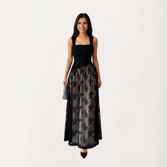 Sleeveless Maxi Dress with Fitted Square Neck Bodice, Asymmetrical Waist Seam, and Sheer Patterned Overlay Dress
