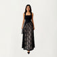 Sleeveless Maxi Dress with Fitted Square Neck Bodice, Asymmetrical Waist Seam, and Sheer Patterned Overlay Dress