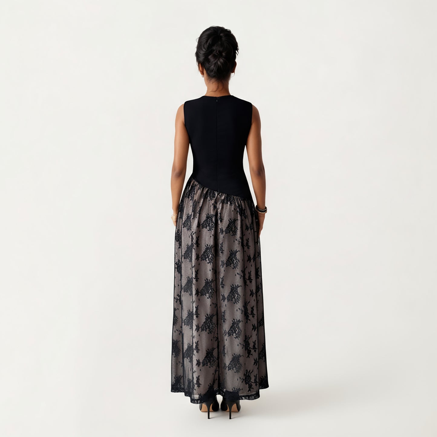 Sleeveless Maxi Dress with Fitted Square Neck Bodice, Asymmetrical Waist Seam, and Sheer Patterned Overlay Dress