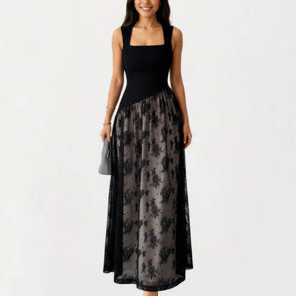 Sleeveless Maxi Dress with Fitted Square Neck Bodice, Asymmetrical Waist Seam, and Sheer Patterned Overlay Dress