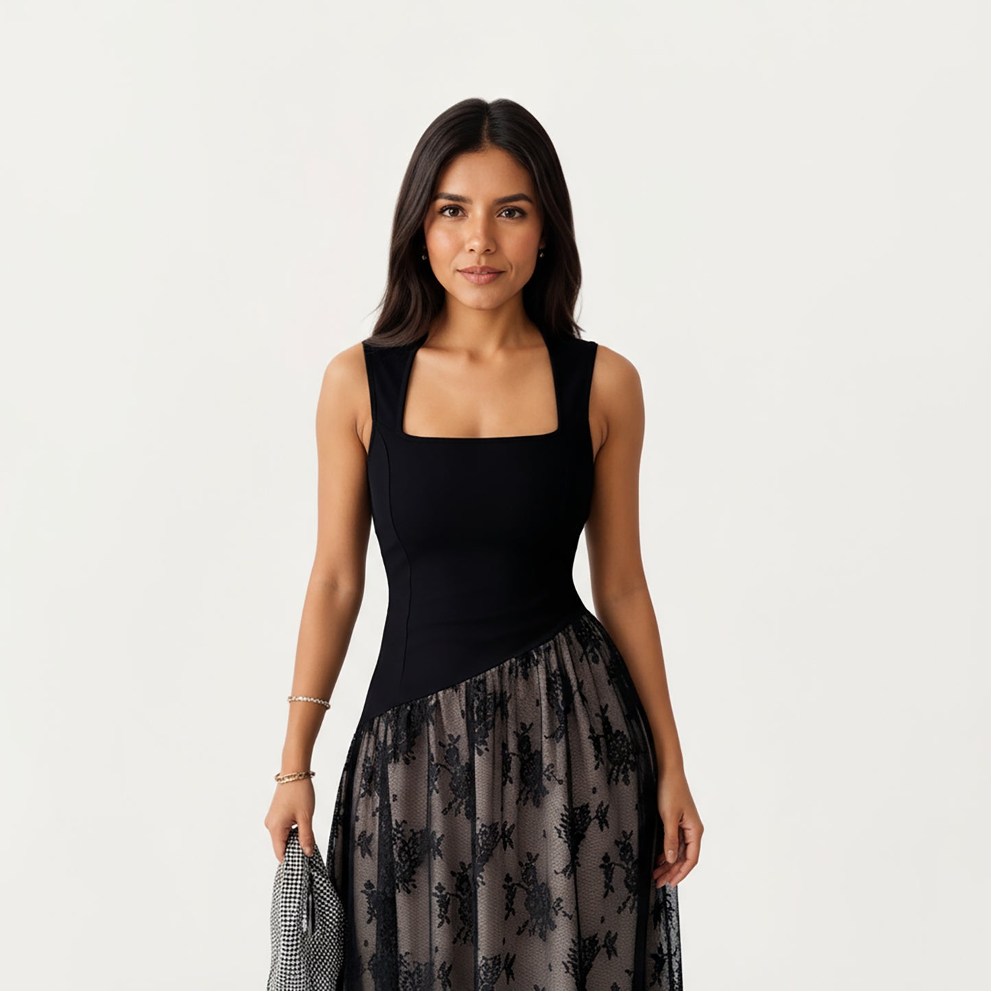 Sleeveless Maxi Dress with Fitted Square Neck Bodice, Asymmetrical Waist Seam, and Sheer Patterned Overlay Dress