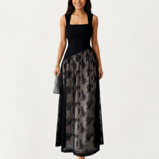 Sleeveless Maxi Dress with Fitted Square Neck Bodice, Asymmetrical Waist Seam, and Sheer Patterned Overlay Dress