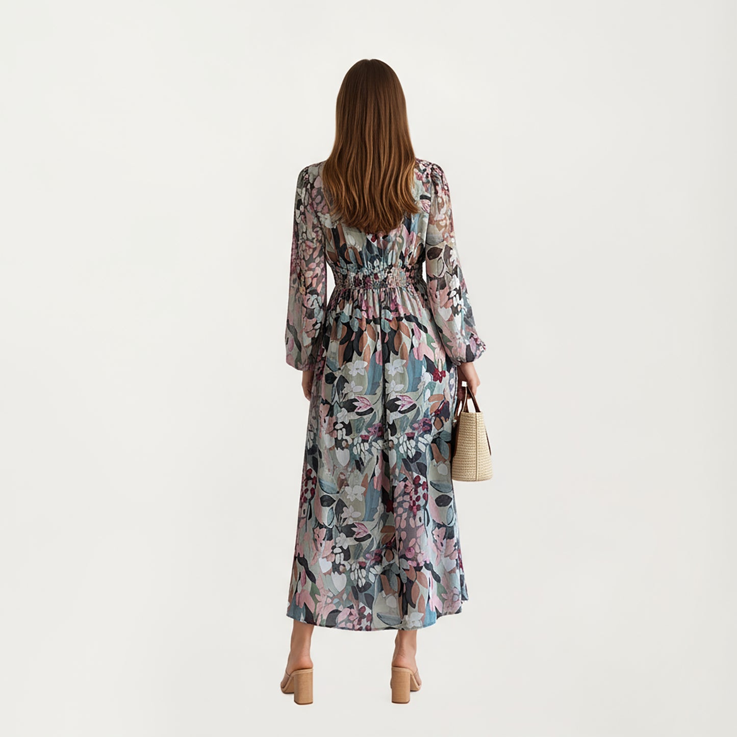 Long Sleeve Maxi Dress with V-Neckline, Ruched Elastic Waist Detail, and Flowing Sheer Overlay Featuring an Allover Floral Pattern