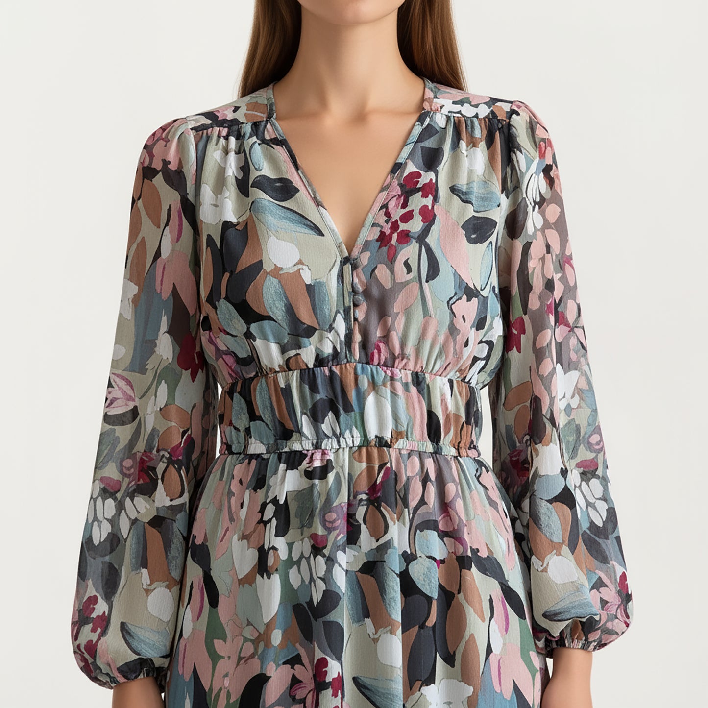 Long Sleeve Maxi Dress with V-Neckline, Ruched Elastic Waist Detail, and Flowing Sheer Overlay Featuring an Allover Floral Pattern