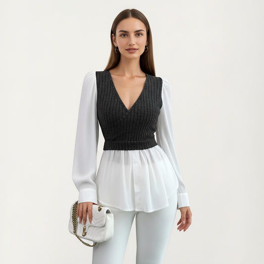 Long Sleeve Layered Top with Ribbed Knit Wrap Bodice, Structured Cuffs, and Flowy Buttoned Hem