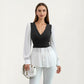 Long Sleeve Layered Top with Ribbed Knit Wrap Bodice, Structured Cuffs, and Flowy Buttoned Hem