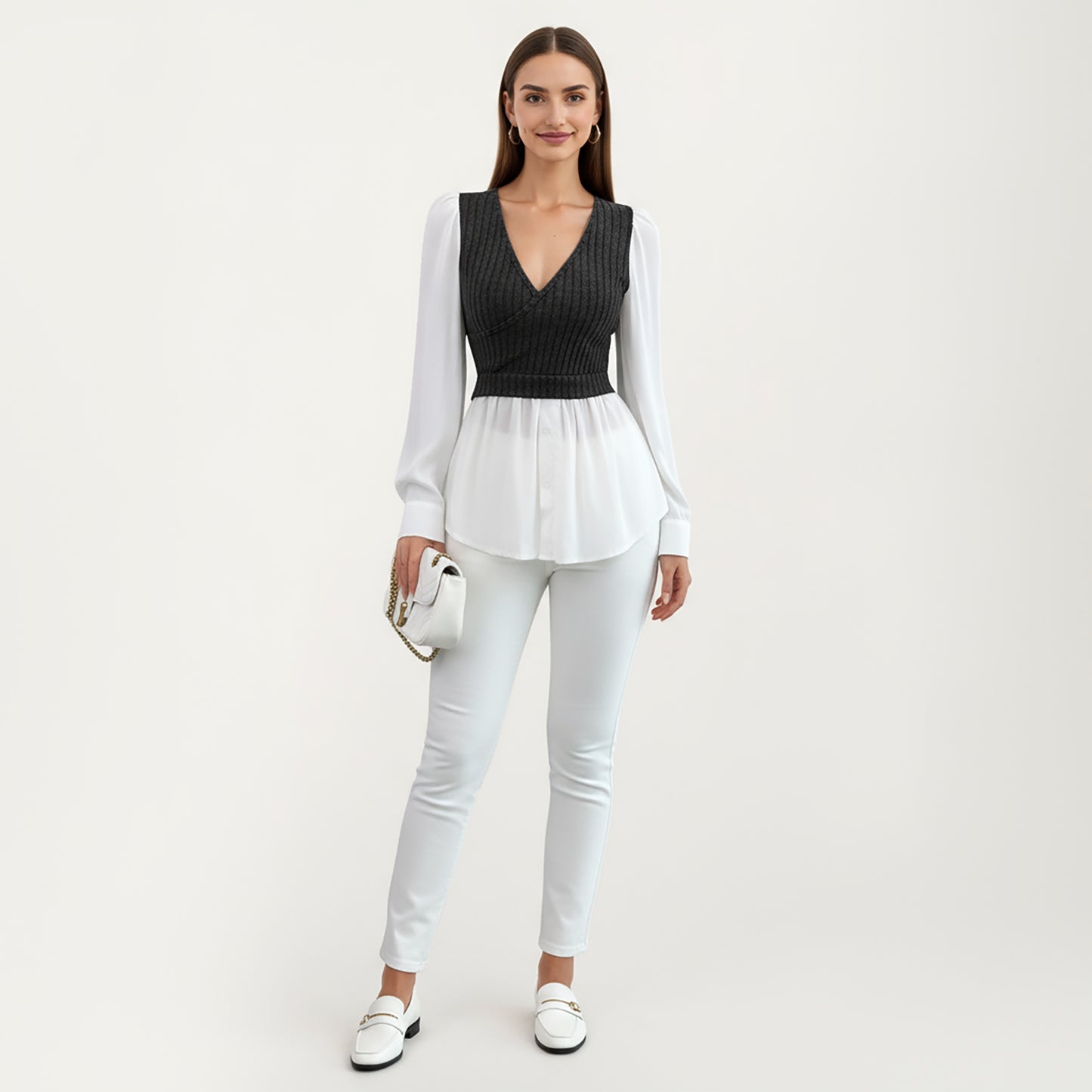 Long Sleeve Layered Top with Ribbed Knit Wrap Bodice, Structured Cuffs, and Flowy Buttoned Hem