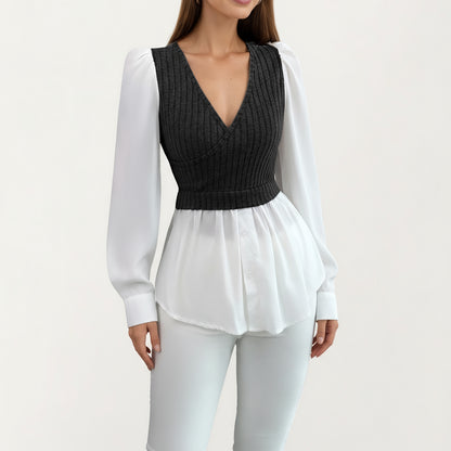 Long Sleeve Layered Top with Ribbed Knit Wrap Bodice, Structured Cuffs, and Flowy Buttoned Hem