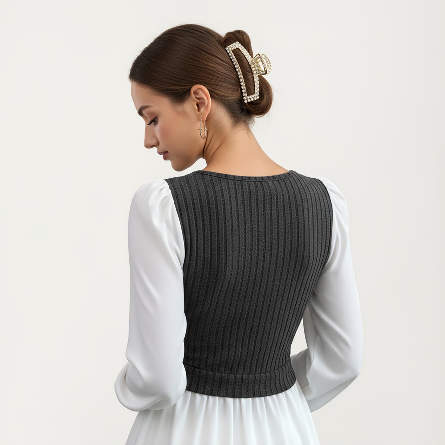 Long Sleeve Layered Top with Ribbed Knit Wrap Bodice, Structured Cuffs, and Flowy Buttoned Hem