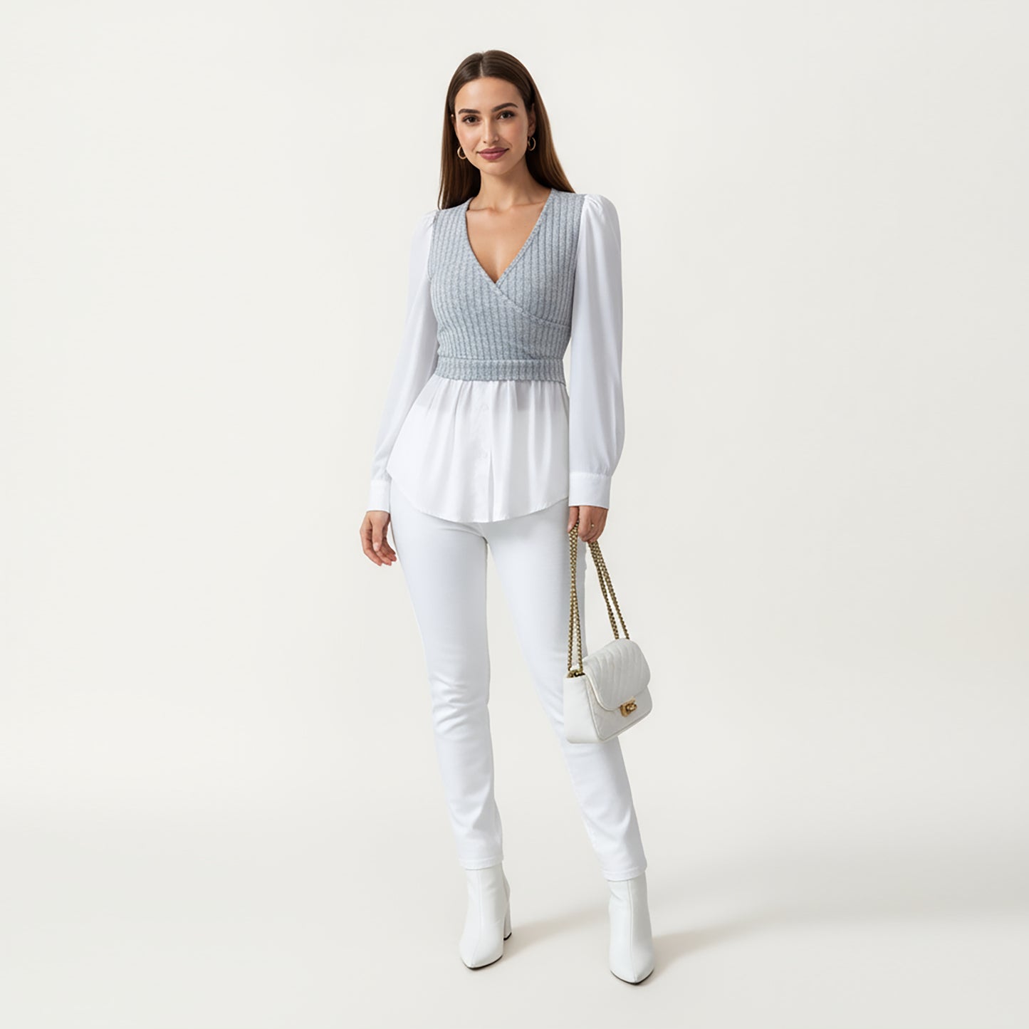 Long Sleeve Layered Top with Ribbed Knit Wrap Bodice, Structured Cuffs, and Flowy Buttoned Hem