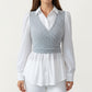Long Sleeve Layered Top with Ribbed Knit Wrap Bodice, Structured Cuffs, and Flowy Buttoned Hem