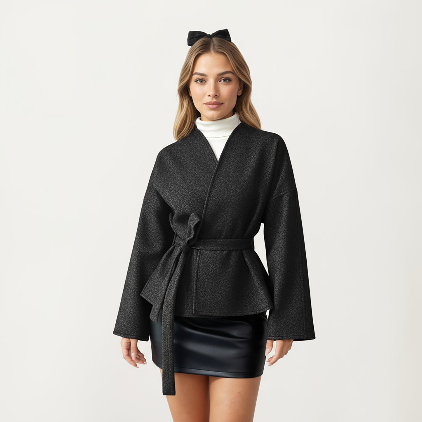 Wrap Front Belted Jacket with Soft Textured Fabric, Wide Sleeves, and Structured Peplum Shape