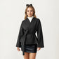 Wrap Front Belted Jacket with Soft Textured Fabric, Wide Sleeves, and Structured Peplum Shape
