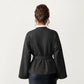 Wrap Front Belted Jacket with Soft Textured Fabric, Wide Sleeves, and Structured Peplum Shape
