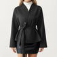 Wrap Front Belted Jacket with Soft Textured Fabric, Wide Sleeves, and Structured Peplum Shape