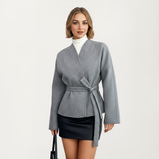 Wrap Front Belted Jacket with Soft Textured Fabric, Wide Sleeves, and Structured Peplum Shape