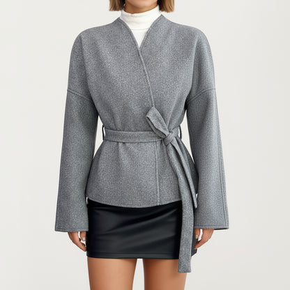 Wrap Front Belted Jacket with Soft Textured Fabric, Wide Sleeves, and Structured Peplum Shape