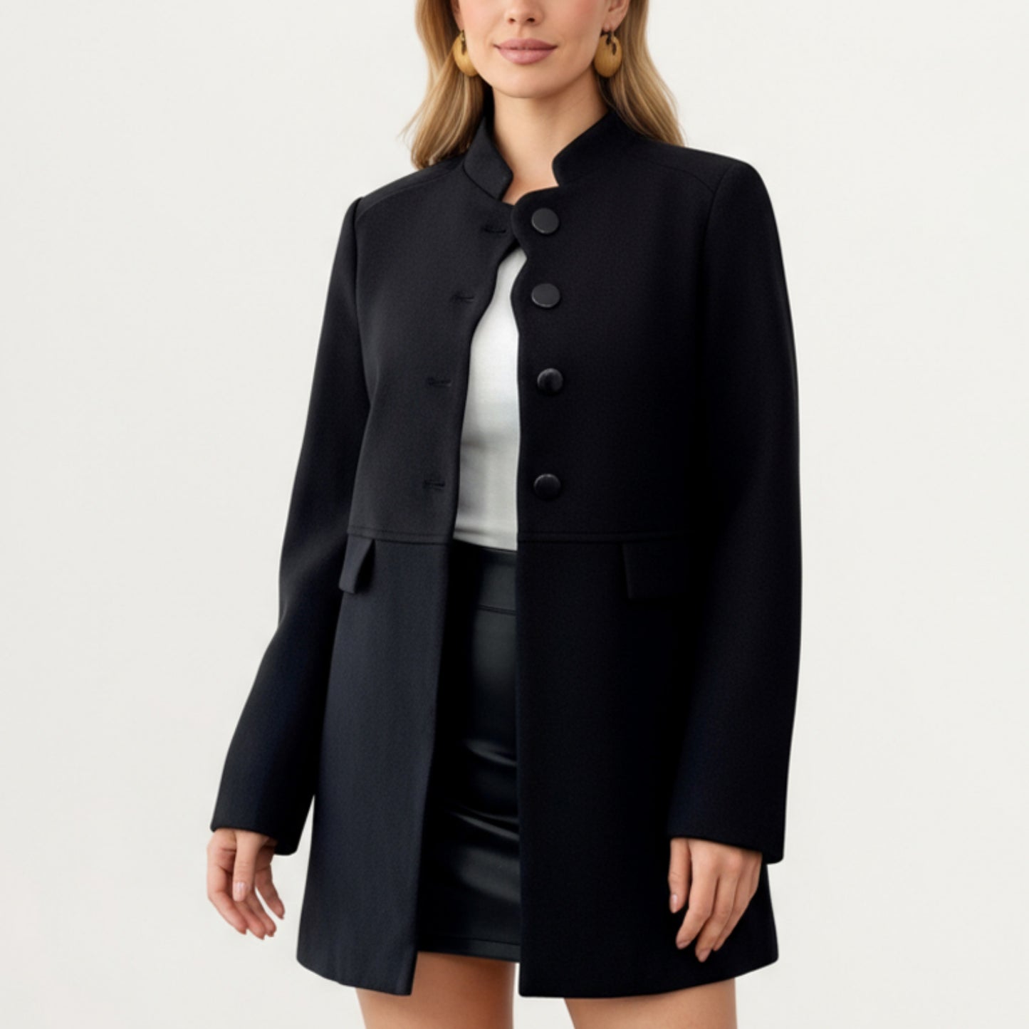 Long Sleeve Button Front Coat with Structured Stand Collar, Clean Panel Lines, and Tailored A-Line Shape