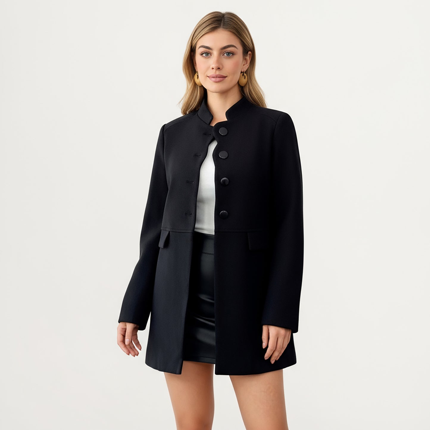 Long Sleeve Button Front Coat with Structured Stand Collar, Clean Panel Lines, and Tailored A-Line Shape