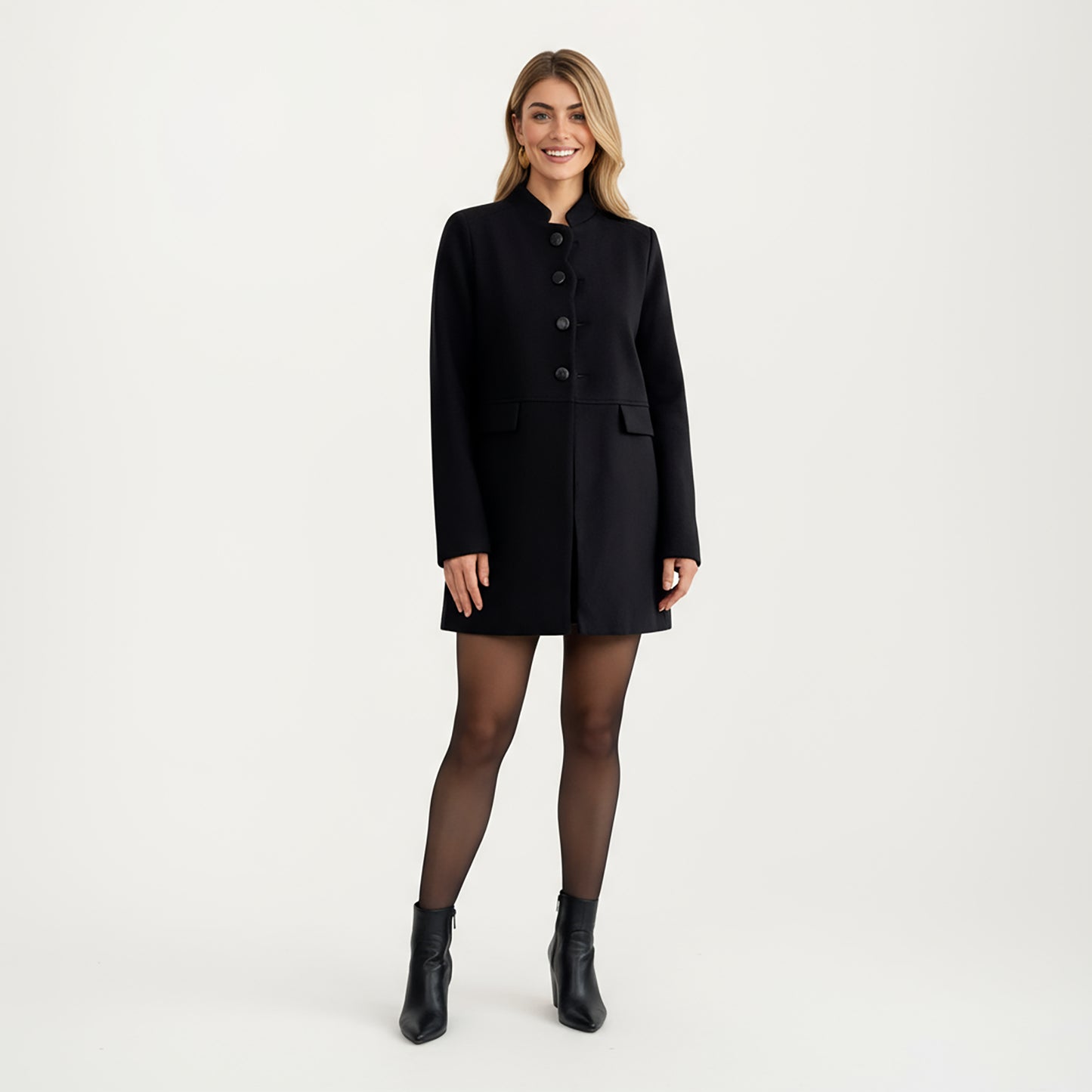 Long Sleeve Button Front Coat with Structured Stand Collar, Clean Panel Lines, and Tailored A-Line Shape