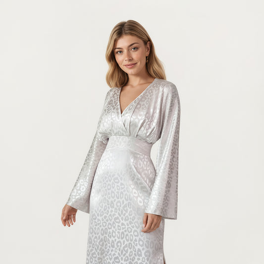 Long Sleeve Maxi Dress with Wrapped V-Neck Bodice, Wide Cinched Waistband, and Subtle Shimmer Leopard Pattern