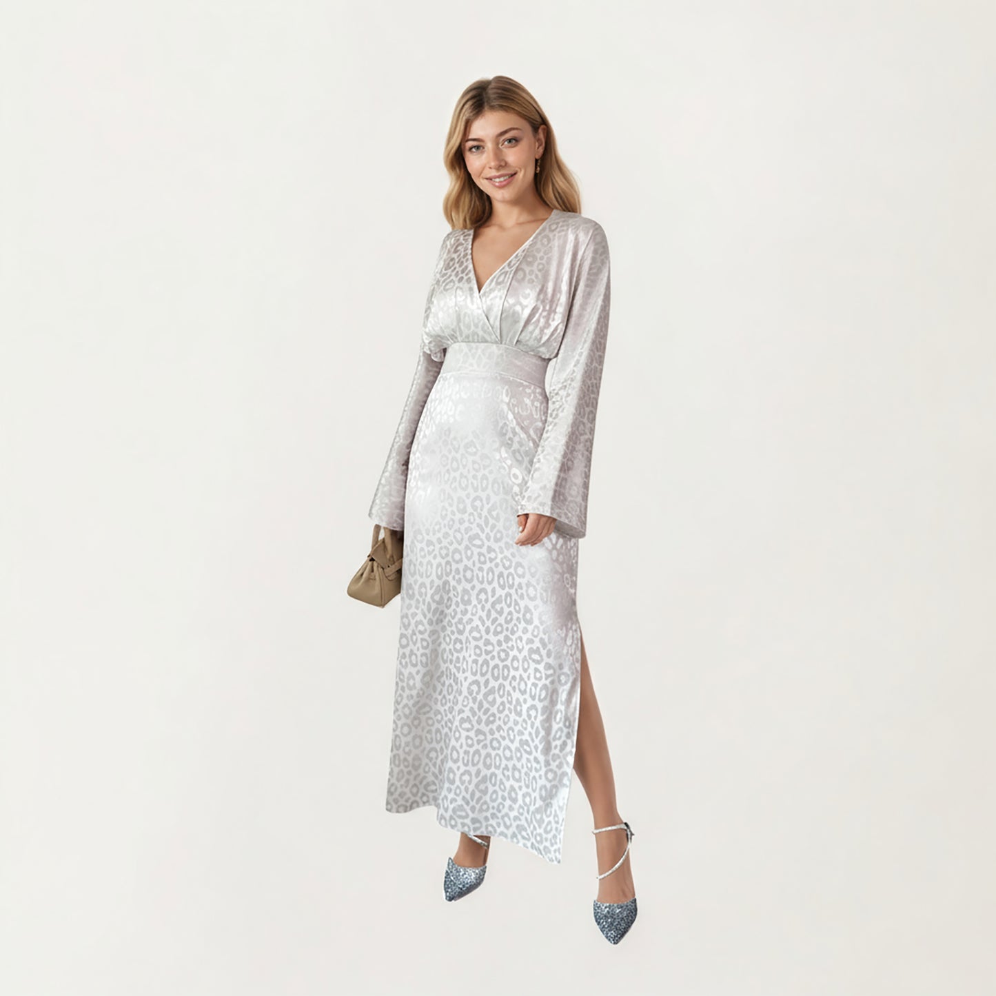 Long Sleeve Maxi Dress with Wrapped V-Neck Bodice, Wide Cinched Waistband, and Subtle Shimmer Leopard Pattern