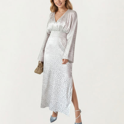 Long Sleeve Maxi Dress with Wrapped V-Neck Bodice, Wide Cinched Waistband, and Subtle Shimmer Leopard Pattern