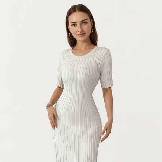 Short Sleeve Ribbed Knit Maxi Dress with Fitted Contouring Silhouette and Vertical Textured Detailing