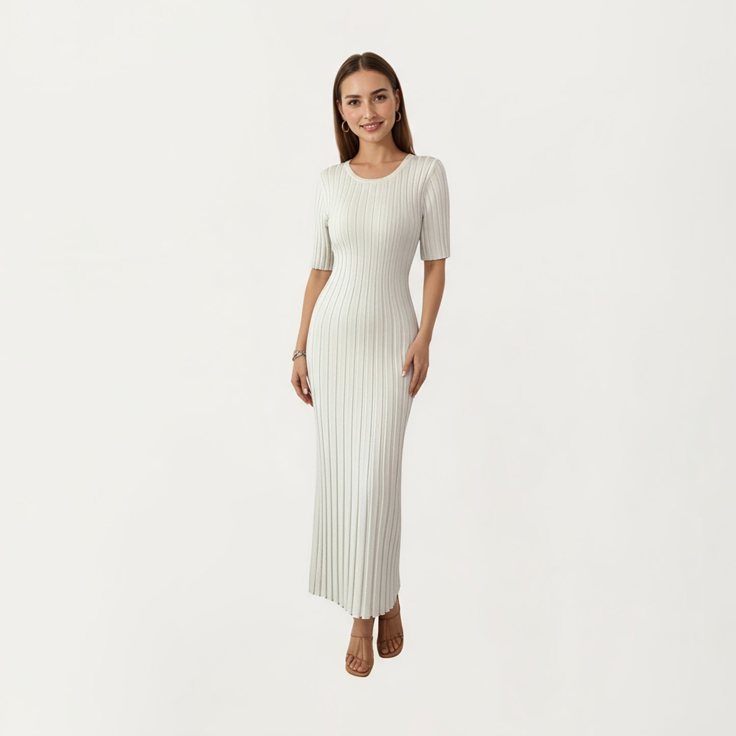 Short Sleeve Ribbed Knit Maxi Dress with Fitted Contouring Silhouette and Vertical Textured Detailing