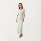 Short Sleeve Ribbed Knit Maxi Dress with Fitted Contouring Silhouette and Vertical Textured Detailing