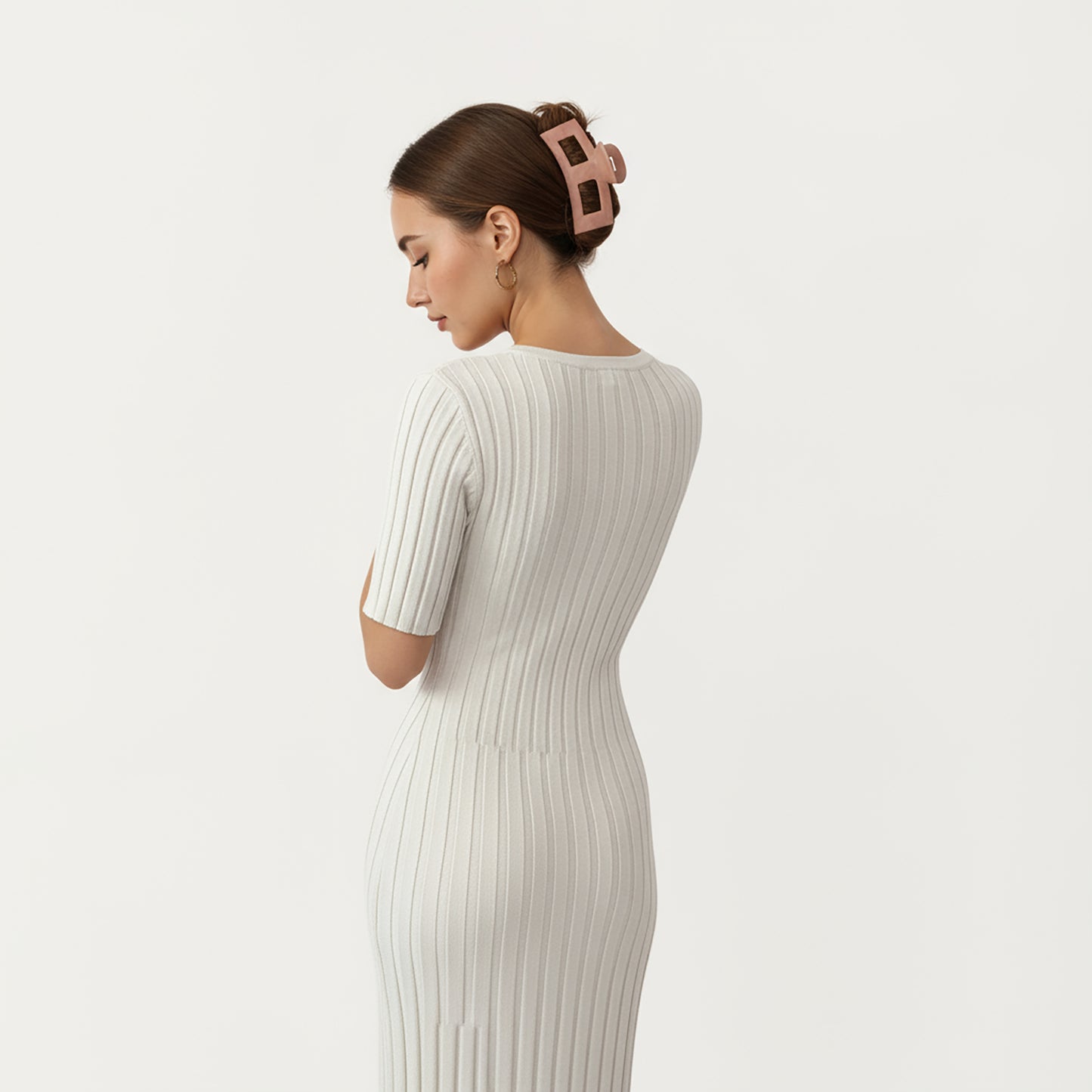 Short Sleeve Ribbed Knit Maxi Dress with Fitted Contouring Silhouette and Vertical Textured Detailing