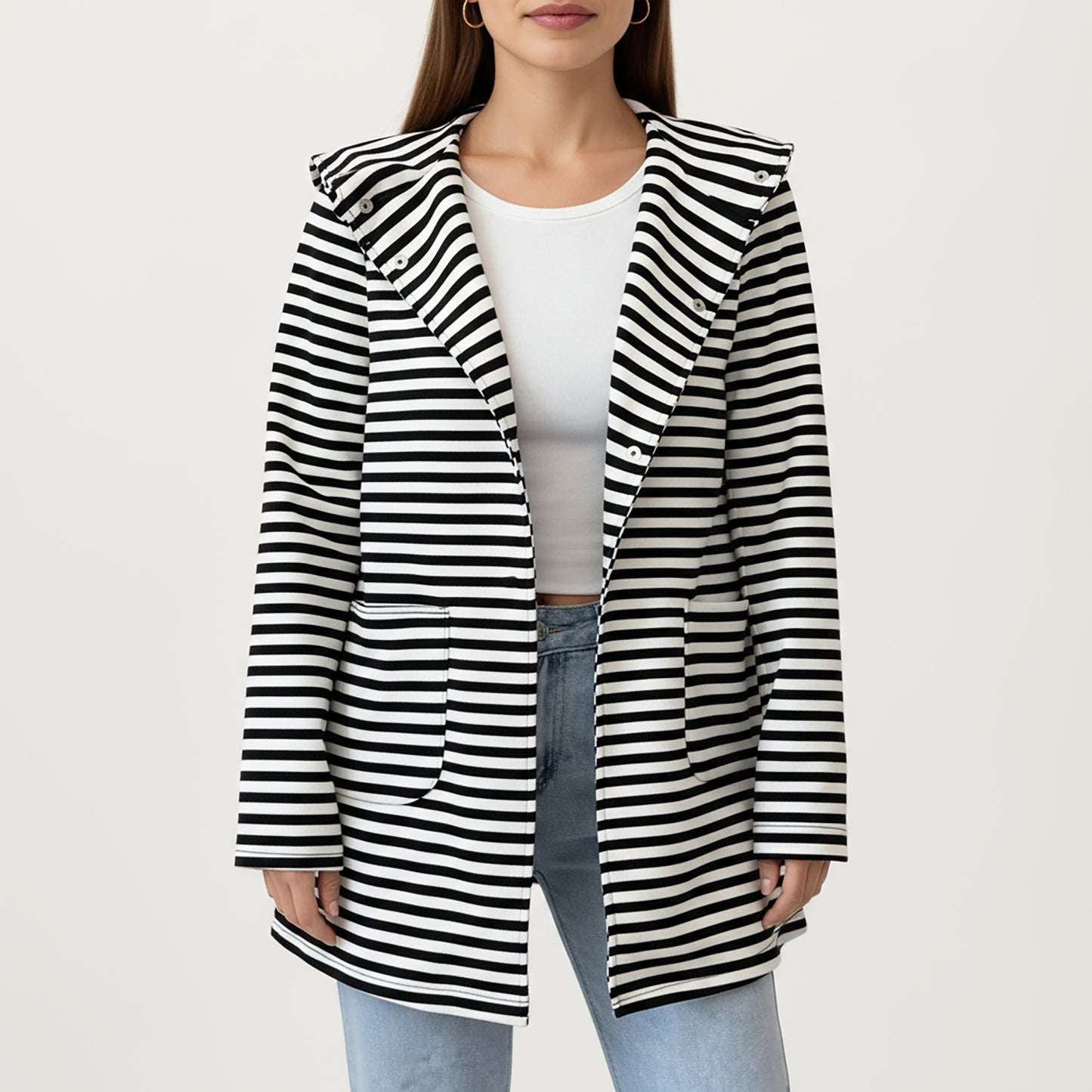 Striped Long Sleeve Hooded Jacket with Front Patch Pockets and Clean Open Front Structured Silhouette