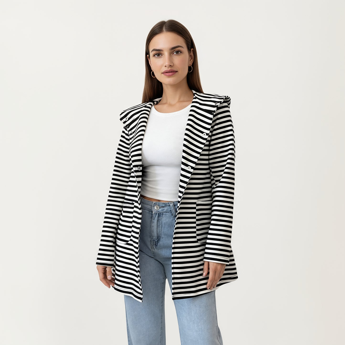 Striped Long Sleeve Hooded Jacket with Front Patch Pockets and Clean Open Front Structured Silhouette