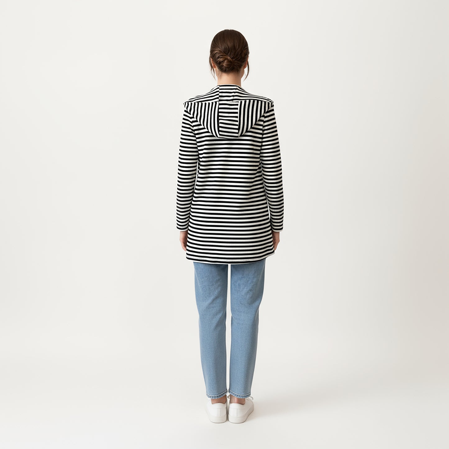 Striped Long Sleeve Hooded Jacket with Front Patch Pockets and Clean Open Front Structured Silhouette