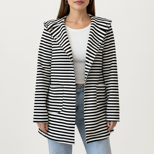 Striped Long Sleeve Hooded Jacket with Front Patch Pockets and Clean Open Front Structured Silhouette