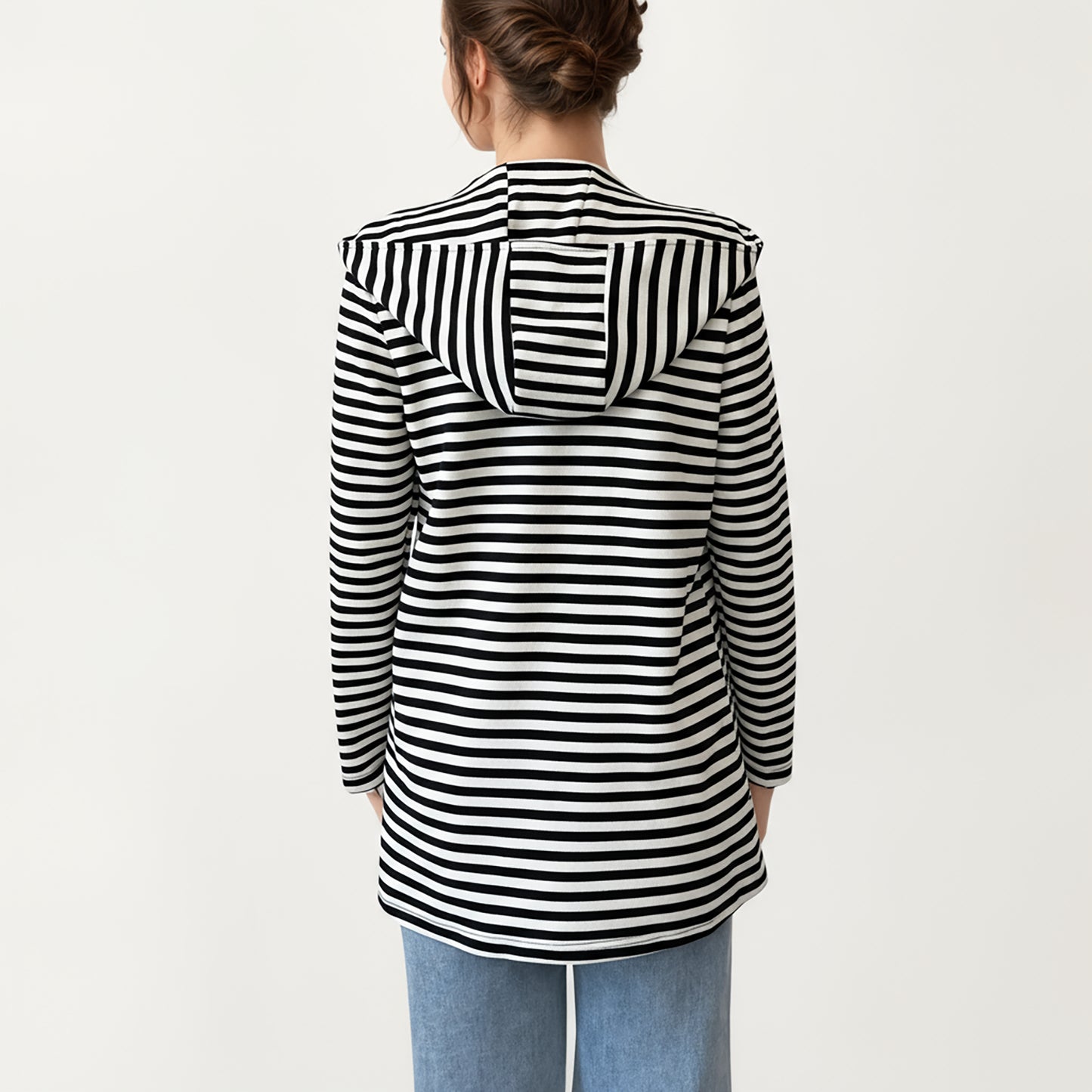 Striped Long Sleeve Hooded Jacket with Front Patch Pockets and Clean Open Front Structured Silhouette