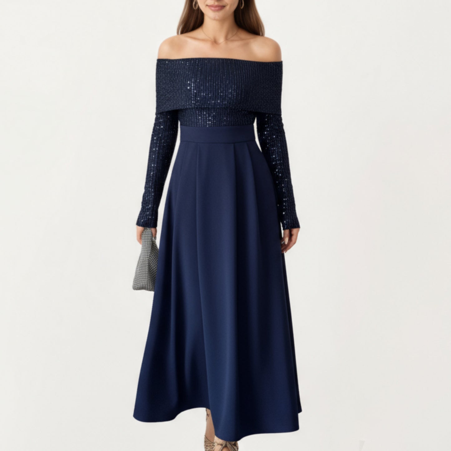 Off-Shoulder Sequin Long Sleeve Maxi Dress with Structured Waistband and Flowing A-Line Dress