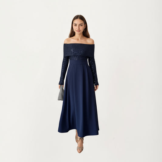 Off-Shoulder Sequin Long Sleeve Maxi Dress with Structured Waistband and Flowing A-Line Dress