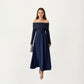 Off-Shoulder Sequin Long Sleeve Maxi Dress with Structured Waistband and Flowing A-Line Dress