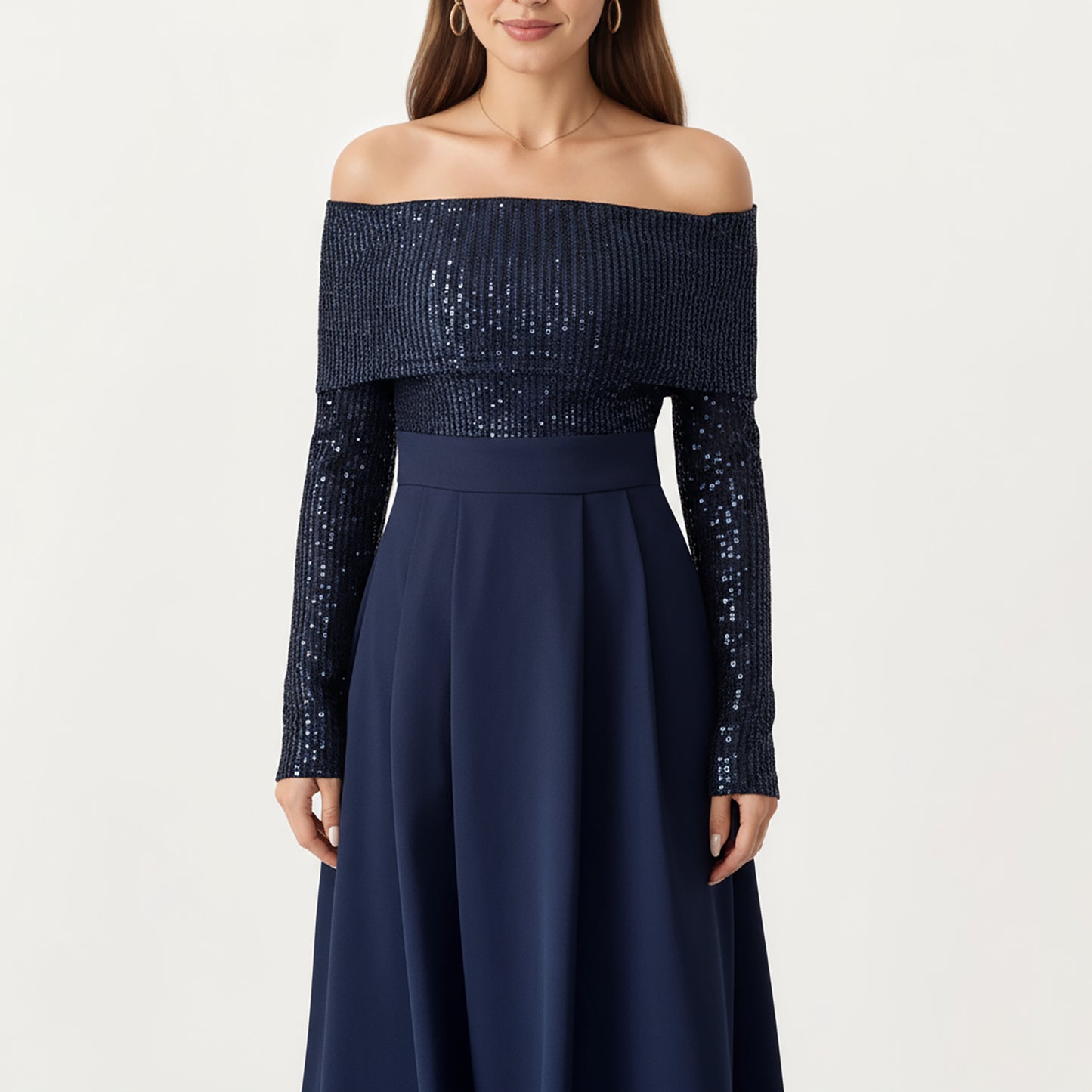 Off-Shoulder Sequin Long Sleeve Maxi Dress with Structured Waistband and Flowing A-Line Dress