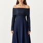 Off-Shoulder Sequin Long Sleeve Maxi Dress with Structured Waistband and Flowing A-Line Dress
