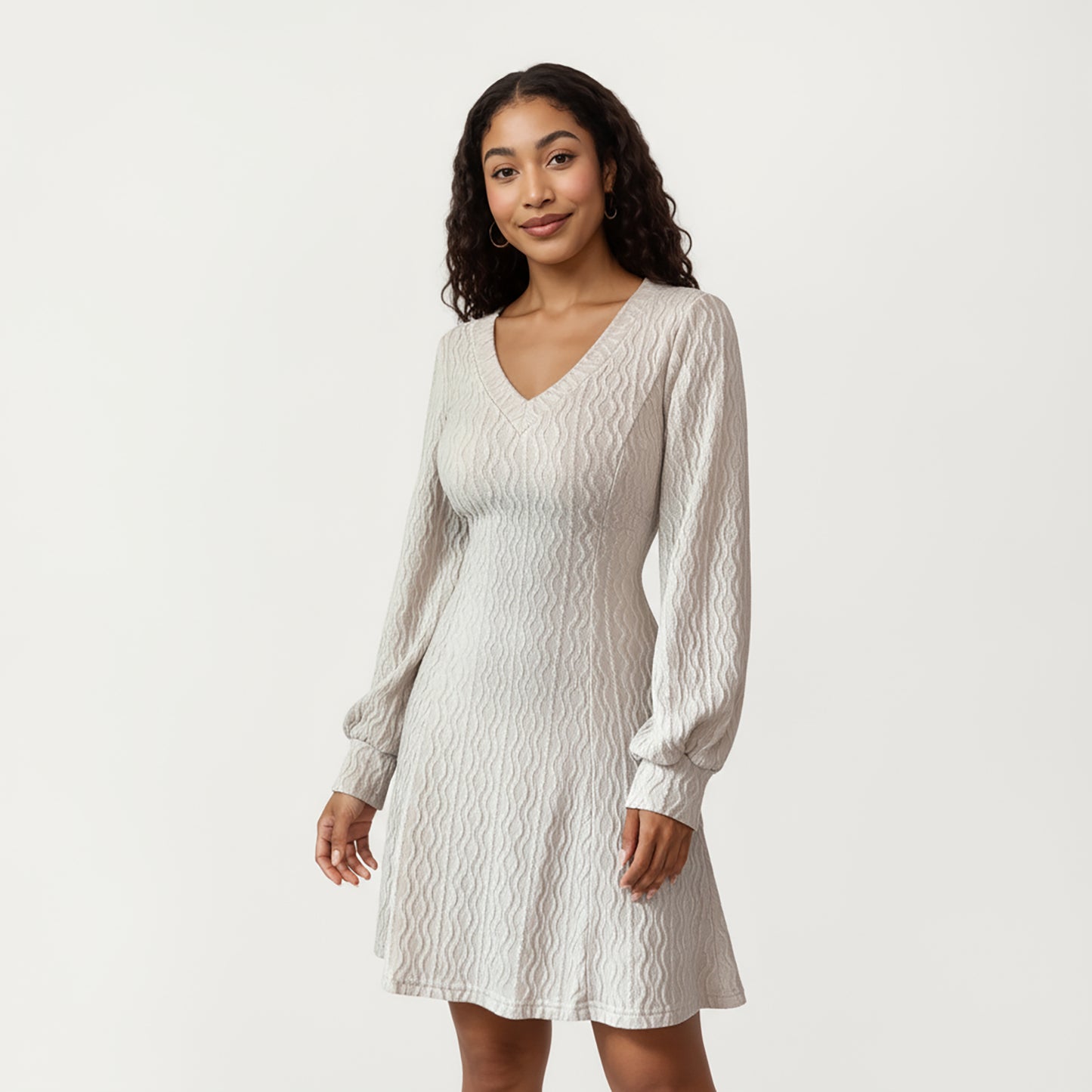Textured Knit Long Sleeve V-Neck Fit-and-Flare Mini Dress with Soft Rib Detailing and Gentle Drape