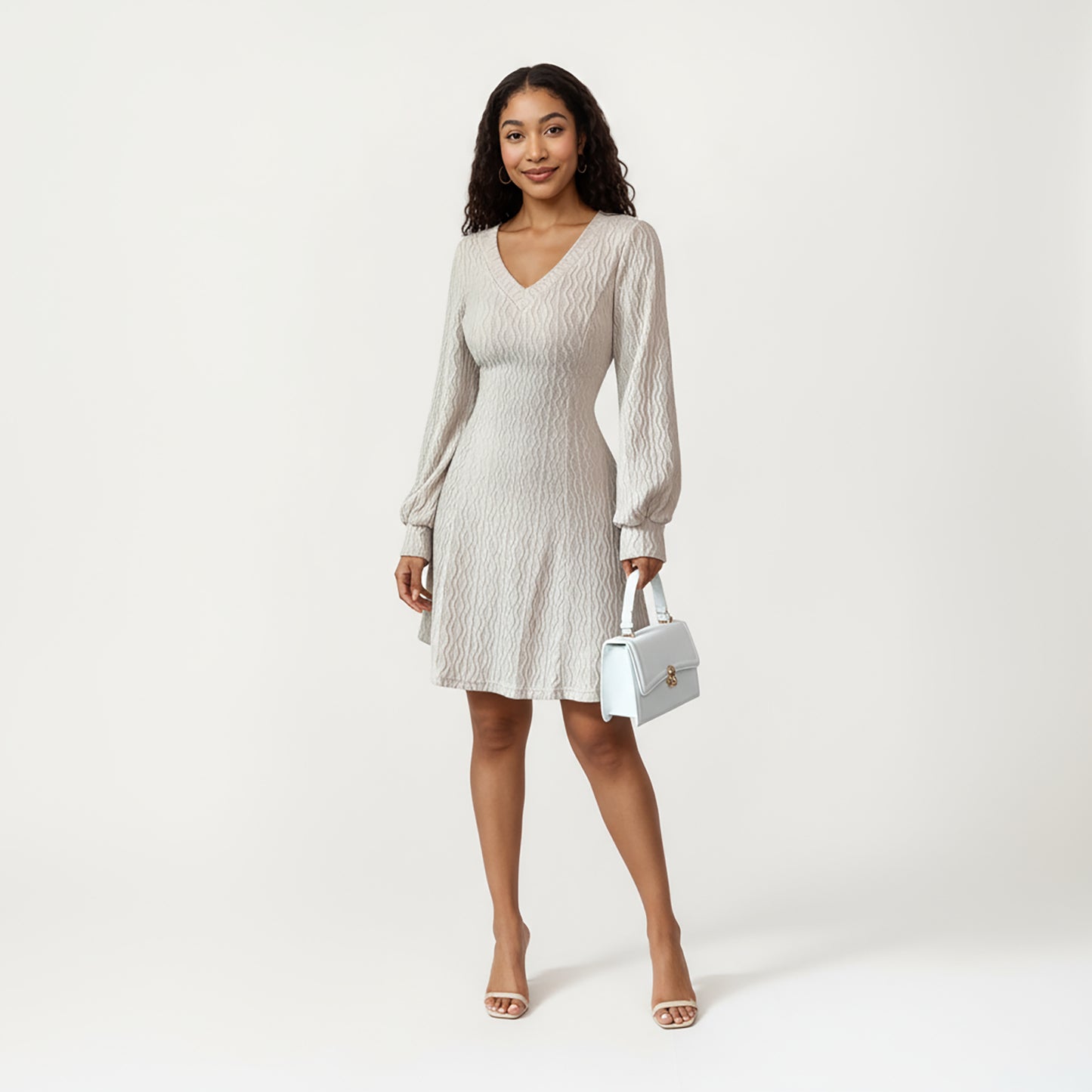 Textured Knit Long Sleeve V-Neck Fit-and-Flare Mini Dress with Soft Rib Detailing and Gentle Drape
