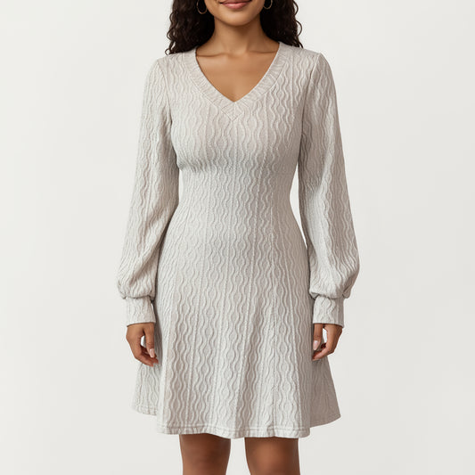 Textured Knit Long Sleeve V-Neck Fit-and-Flare Mini Dress with Soft Rib Detailing and Gentle Drape