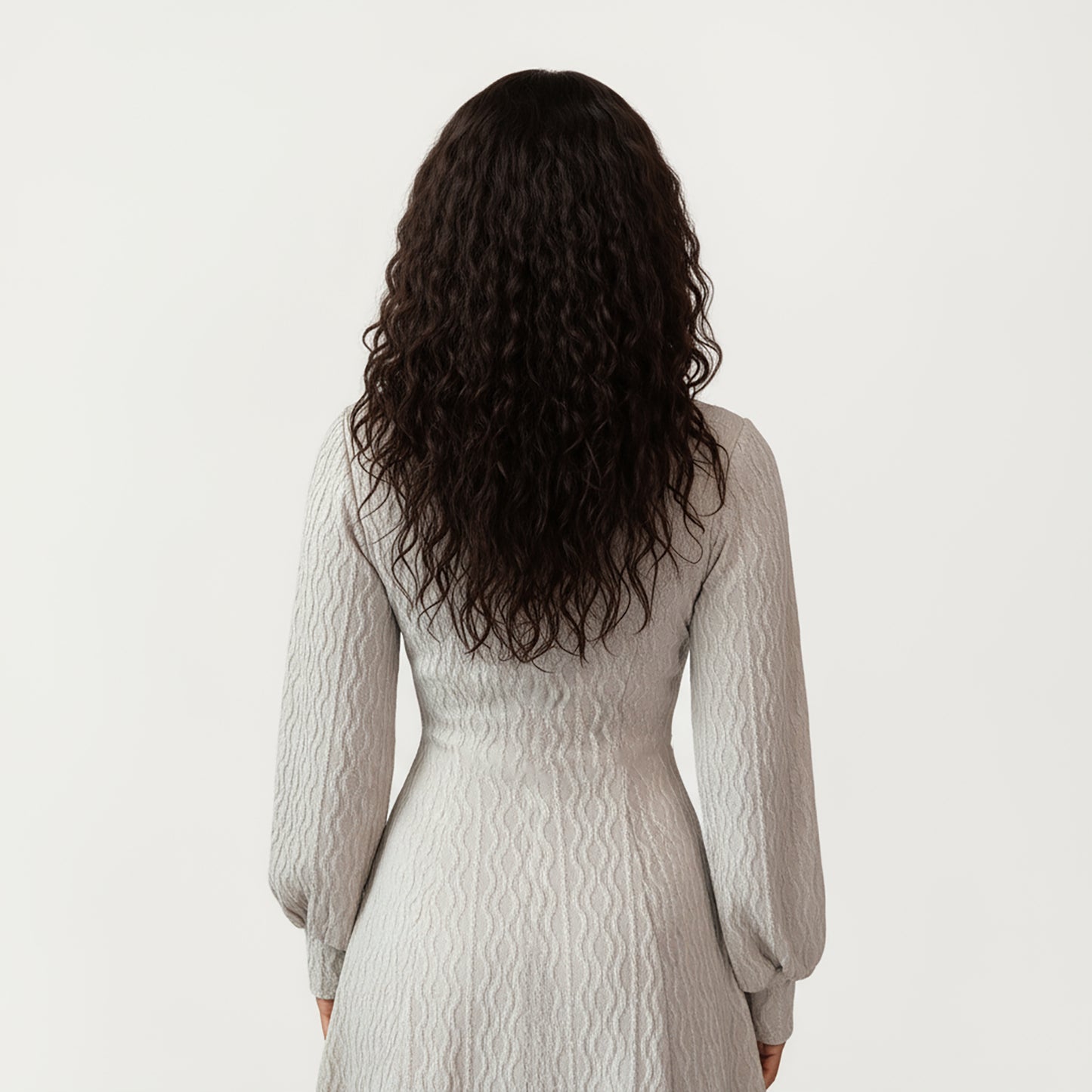 Textured Knit Long Sleeve V-Neck Fit-and-Flare Mini Dress with Soft Rib Detailing and Gentle Drape