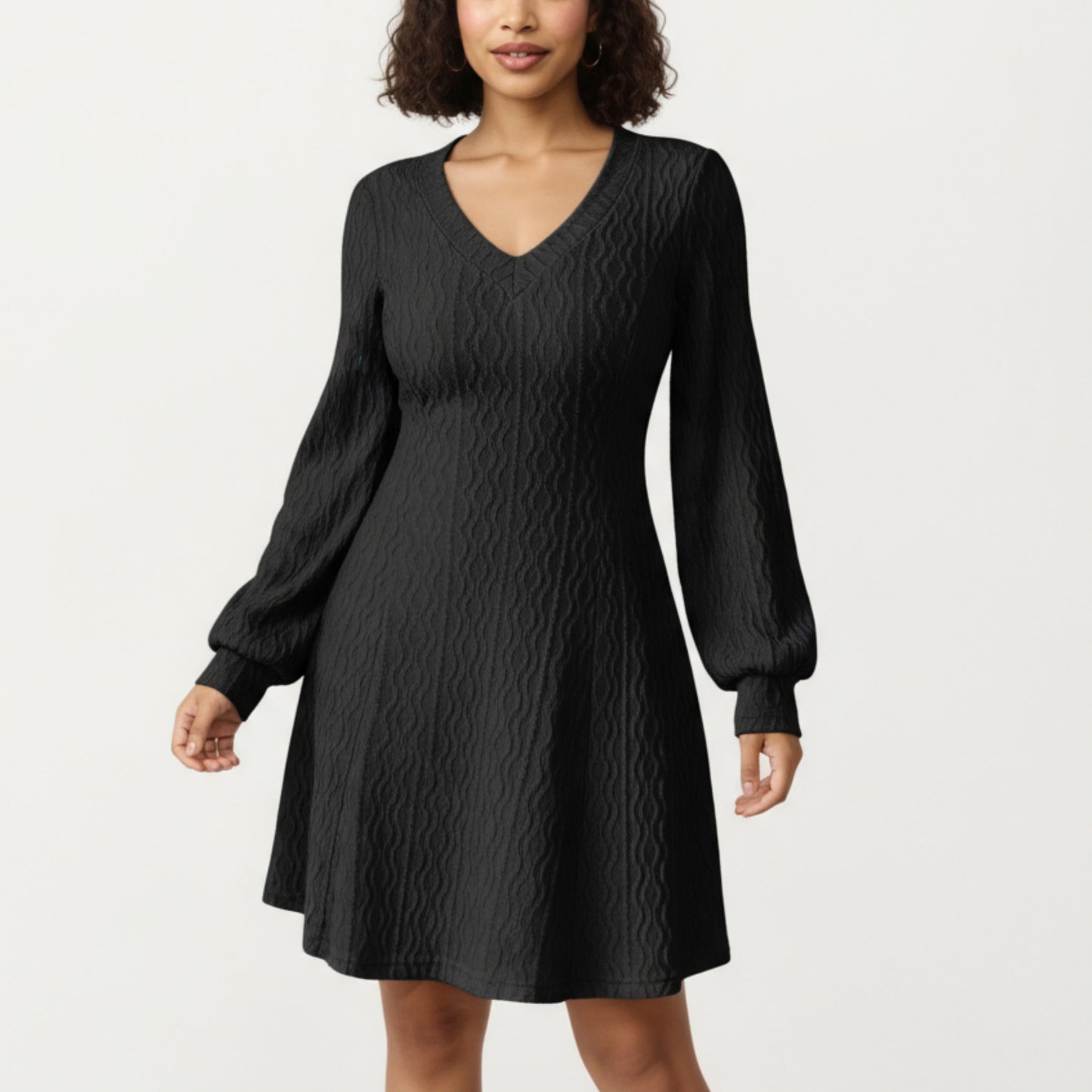 Textured Knit Long Sleeve V-Neck Fit-and-Flare Mini Dress with Soft Rib Detailing and Gentle Drape