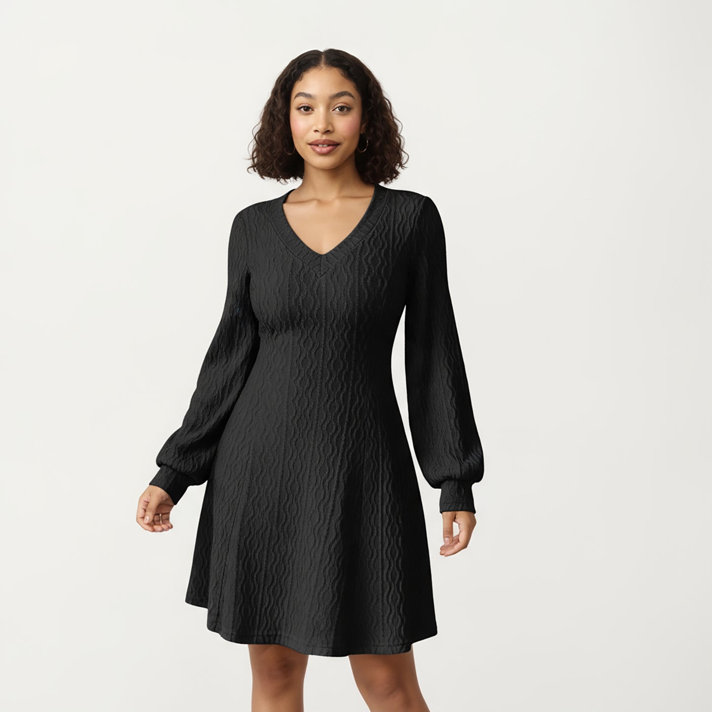 Textured Knit Long Sleeve V-Neck Fit-and-Flare Mini Dress with Soft Rib Detailing and Gentle Drape