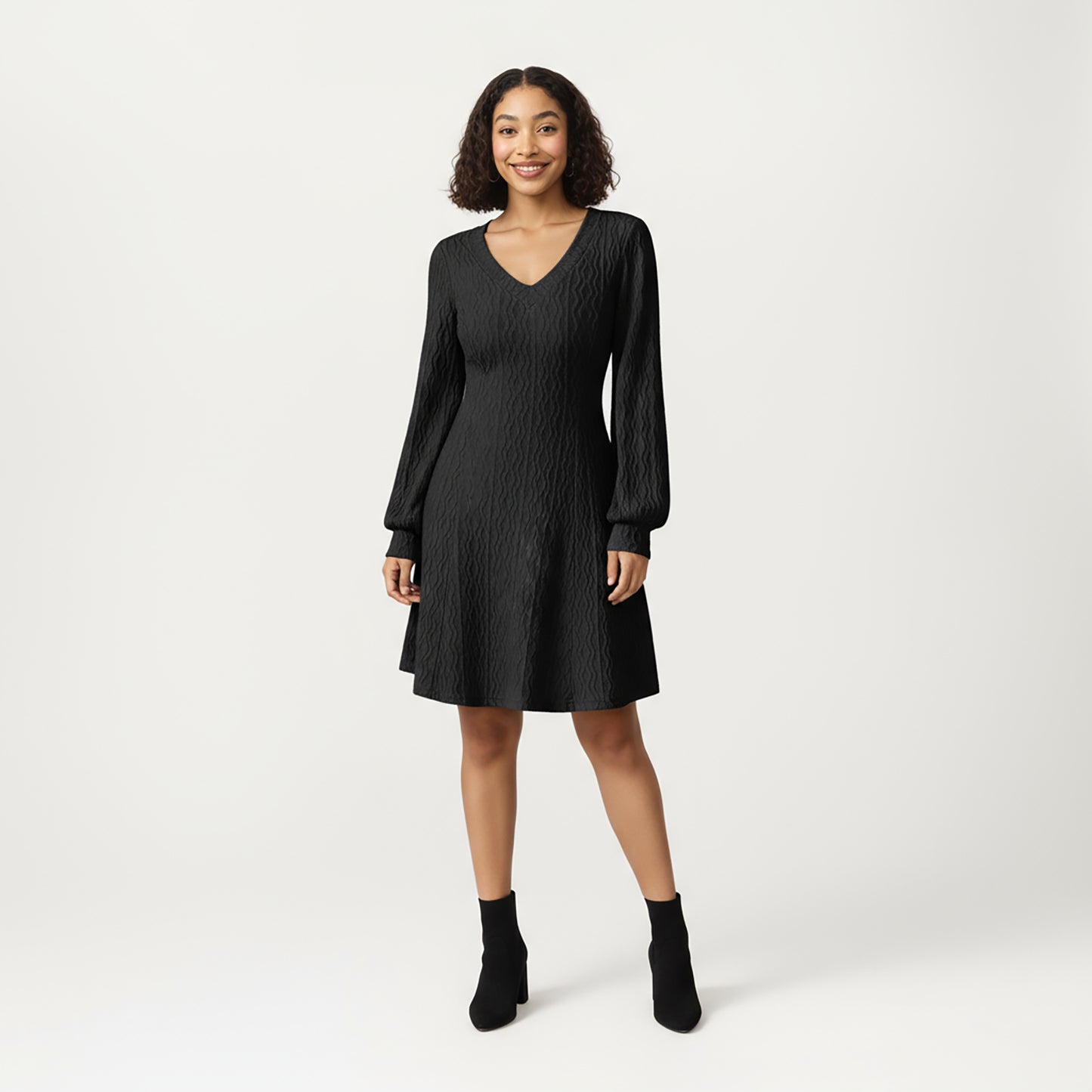 Textured Knit Long Sleeve V-Neck Fit-and-Flare Mini Dress with Soft Rib Detailing and Gentle Drape